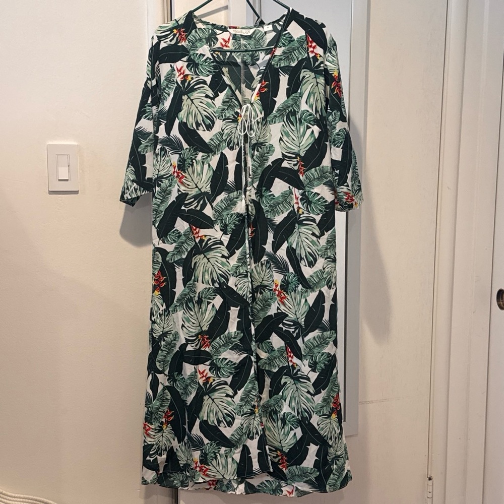 Tropical Leaf Print Duster - Green & White